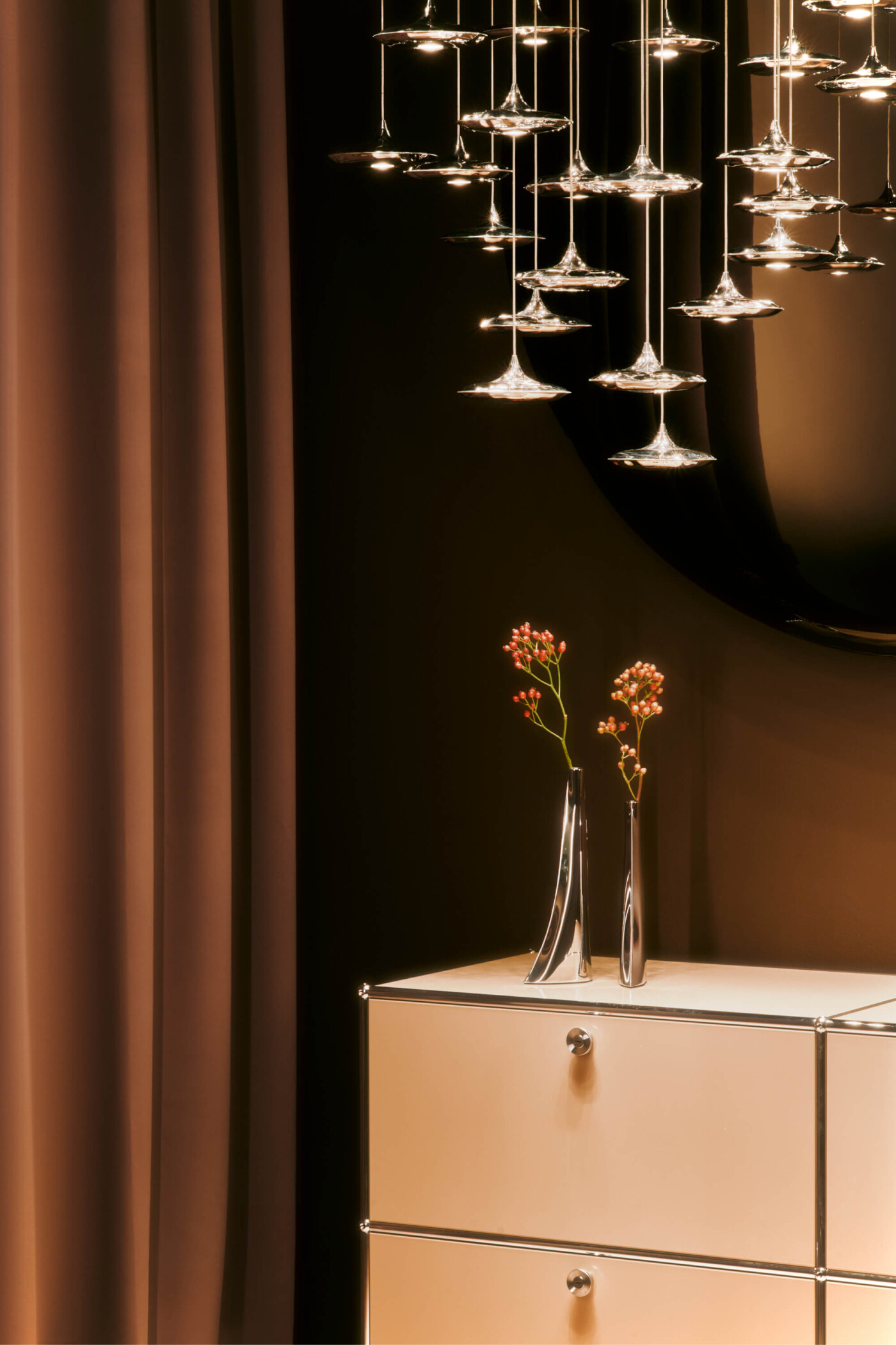Zieta Studio, Lampin inox pendant lighting cluster, polished finish, modular ceiling lamp installation, contemporary design; Leyki vase in stainless steel, sculptural minimalist form, designer home decor accessory