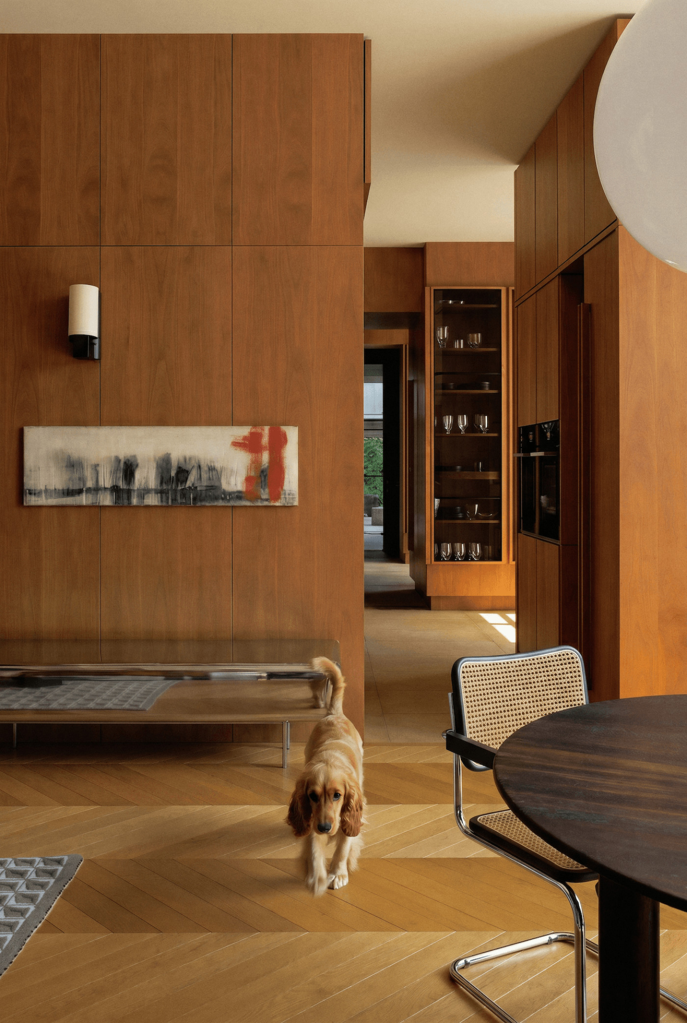 sejv sideboard inox in a wooden cozy home with a dog