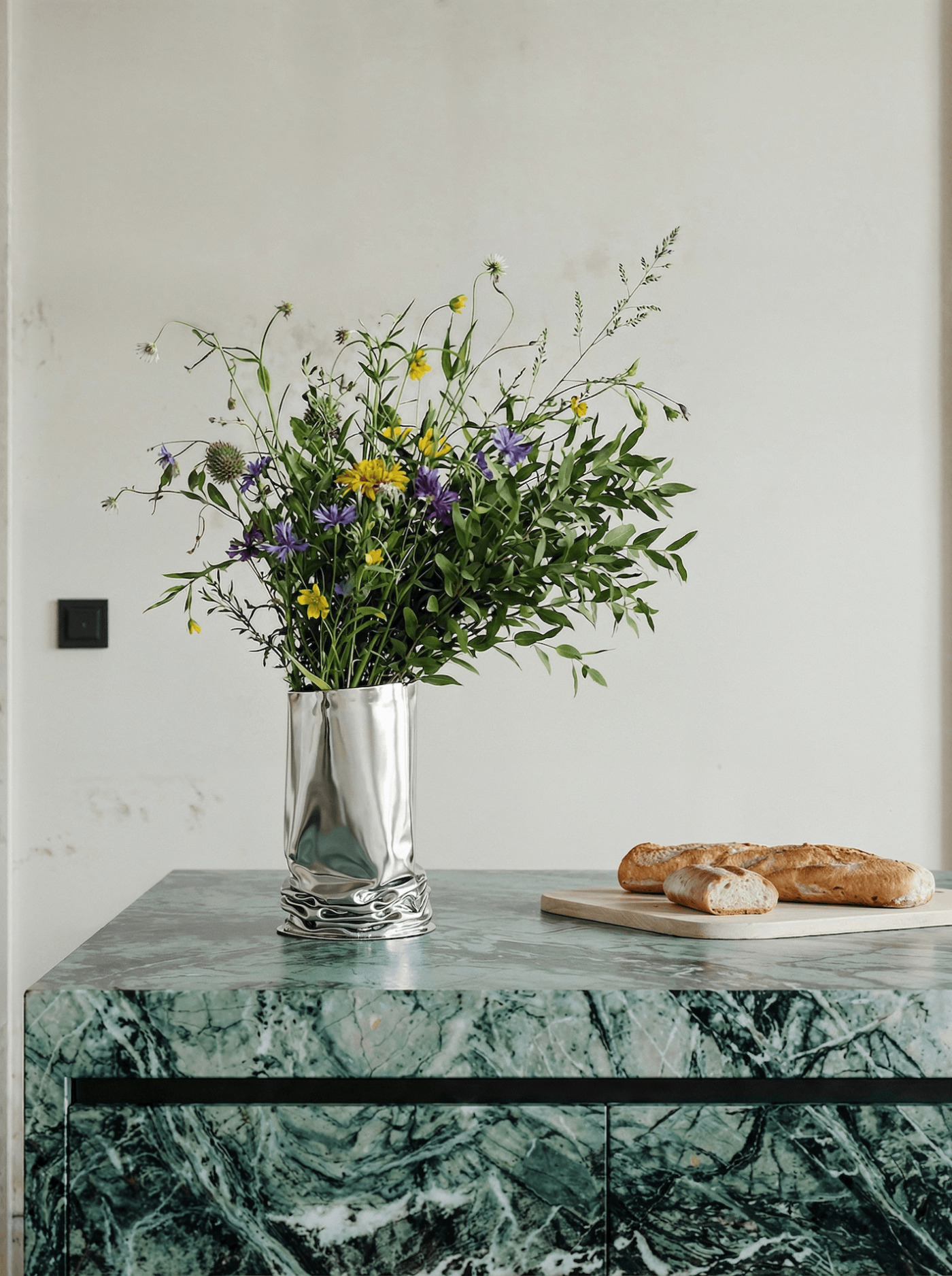 zieta crash vase with a big bouquet on a stone countertop